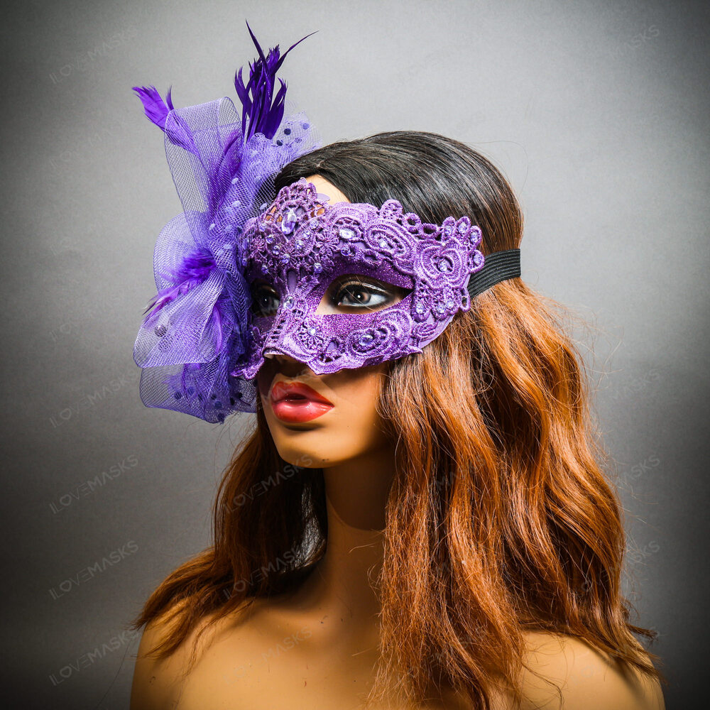Flower Feather Mask Venetian Mardi Gras Masquerade - Purple - Picture 3 of 5